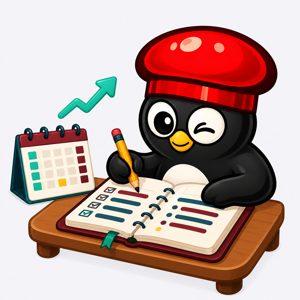 Pinguino planning at a desk with a notebook and calendar, illustrating high-level planning.