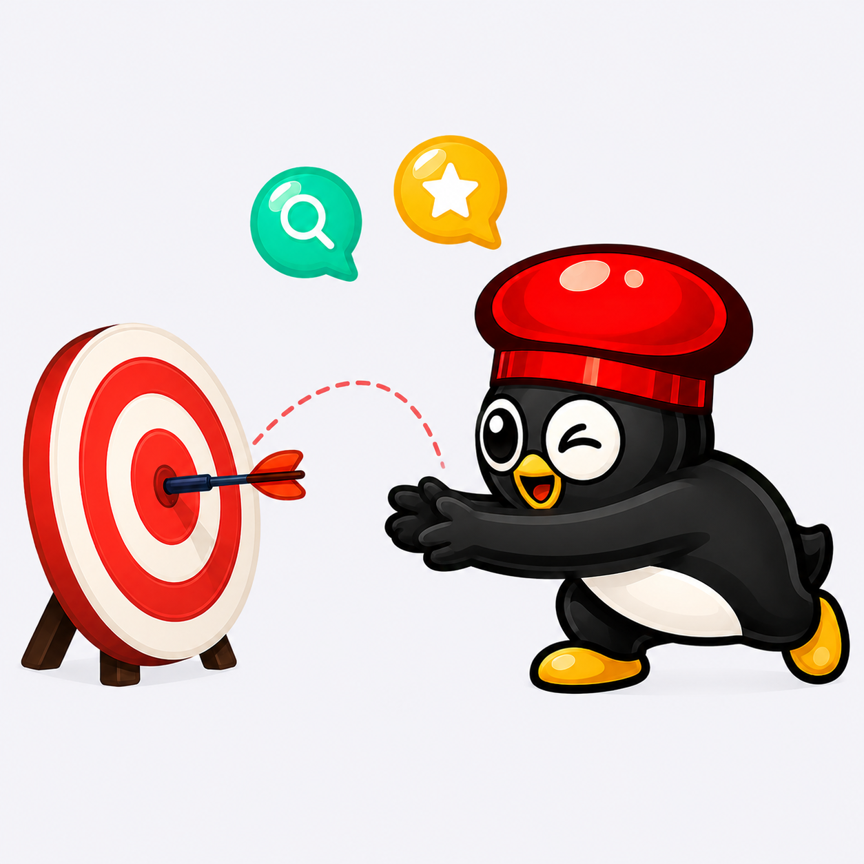 Pinguino taking aim at a bullseye, illustrating keyword intent.