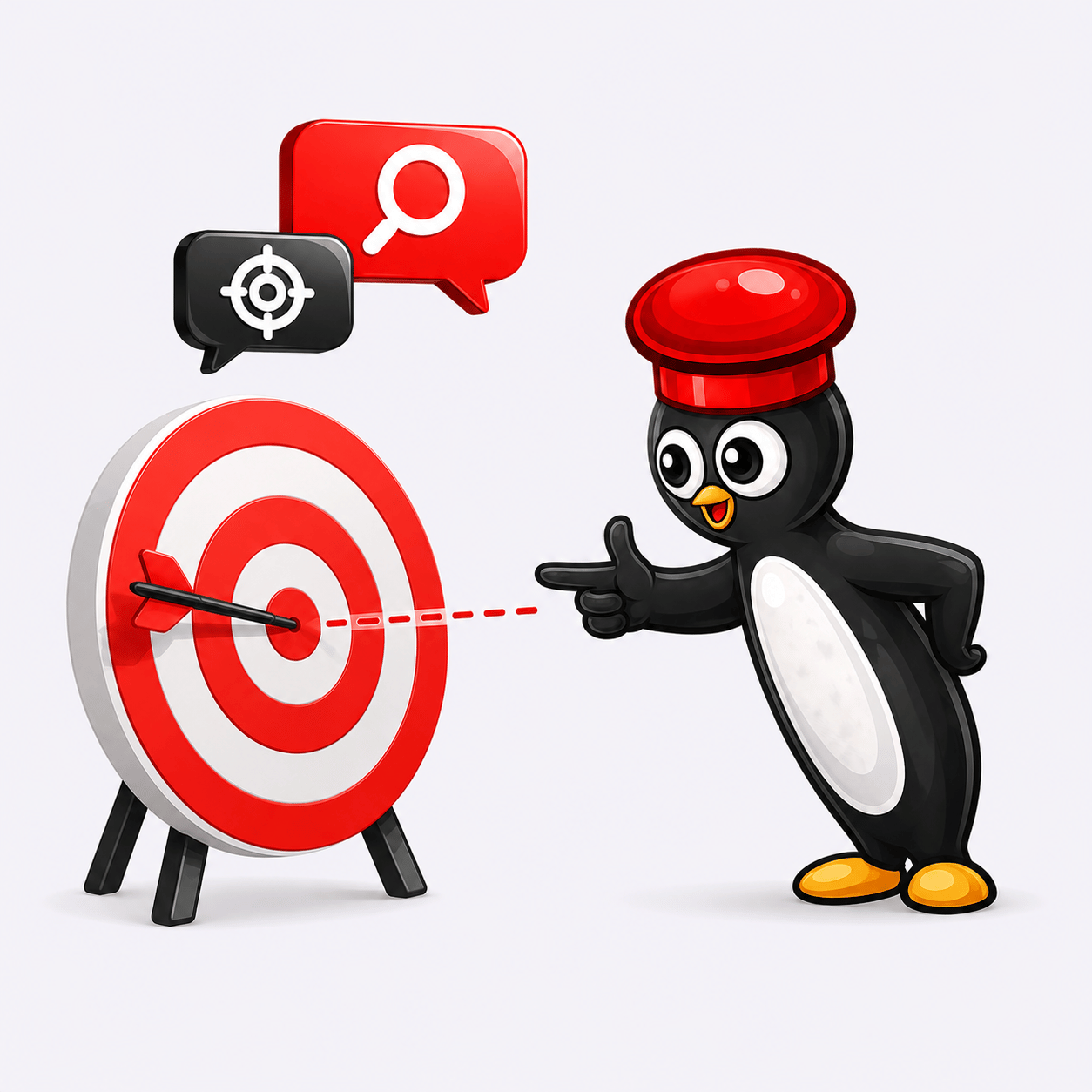 Pinguino taking aim at a bullseye, illustrating keyword intent