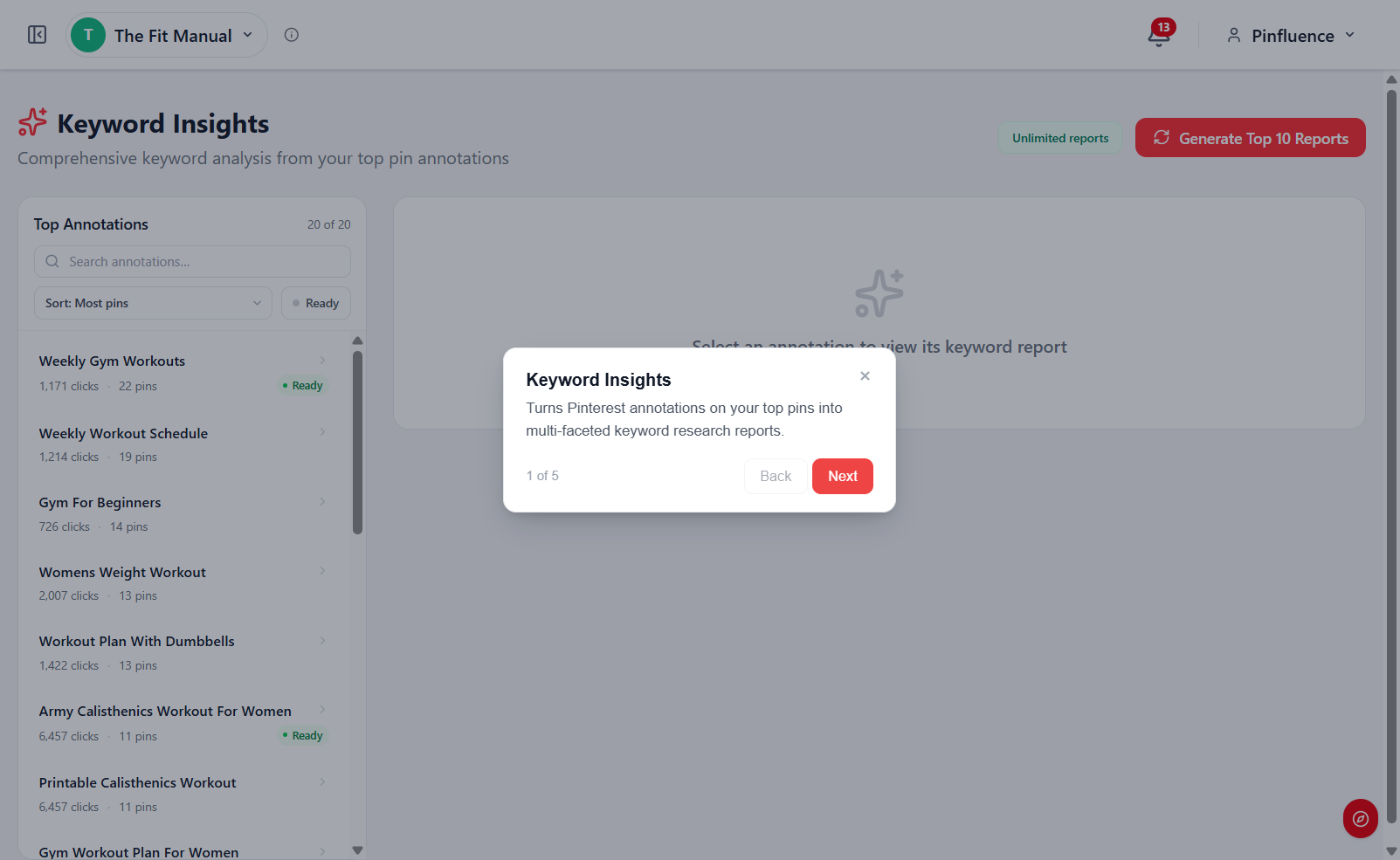 Pinfluence Intel Keyword Insights ranking your pin themes by traffic with search demand