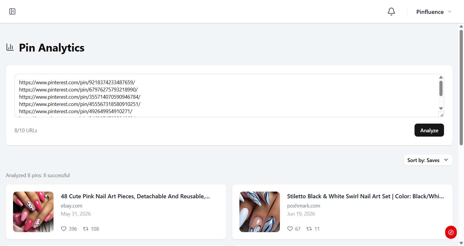 Pinfluence Discover Pin Analytics showing analyzed pins with saves, repins, comments and created dates