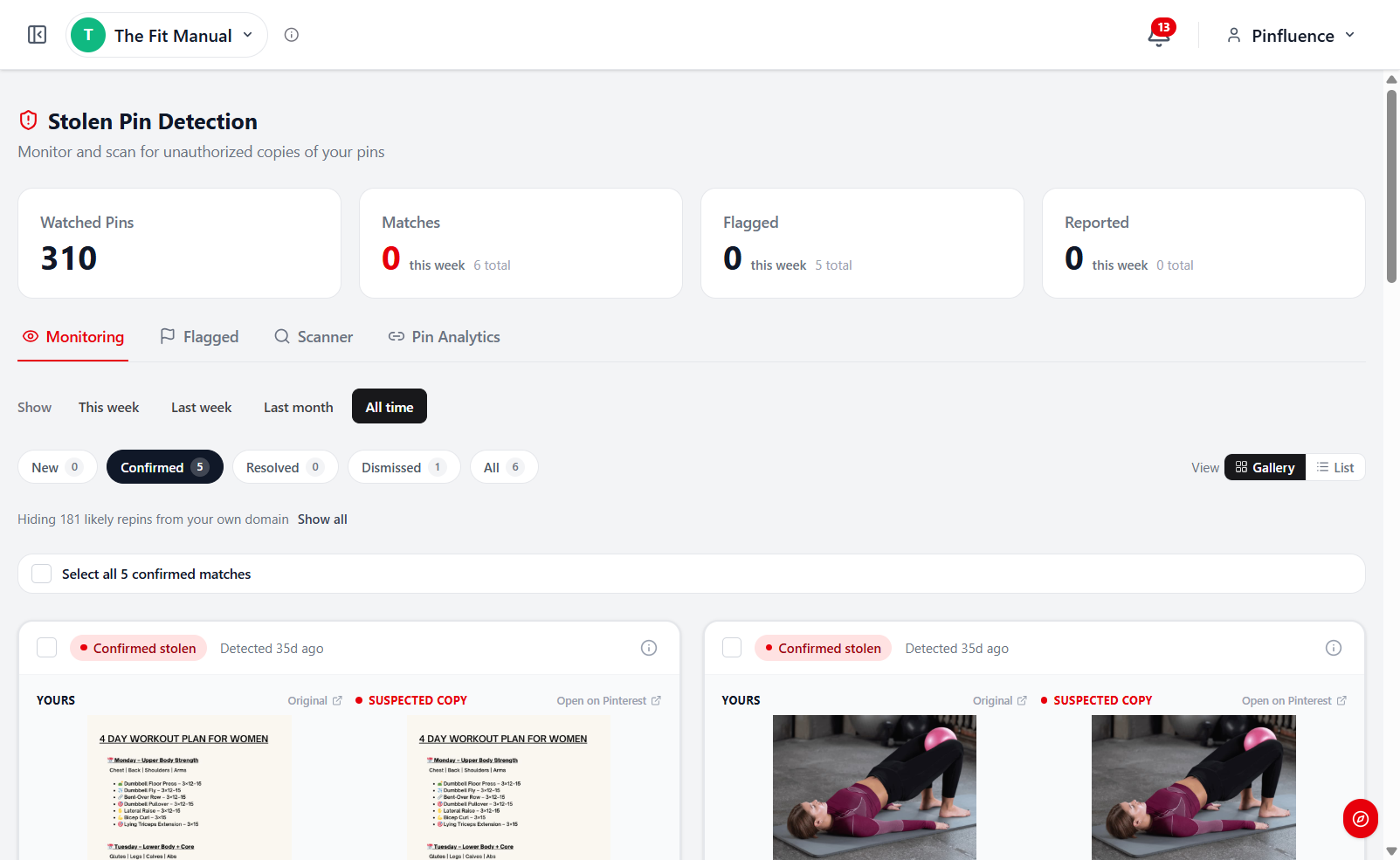 Pinfluence Intel stolen pin detection showing confirmed copies next to your originals